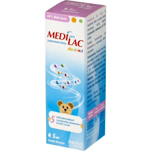 Nexon Pharma Mediprolac dla dzieci, krople doustne, 5 ml - Probiotyk od 1. dnia życia ze szczepem bakterii Lactobacillus rhamnosus GG  - 1