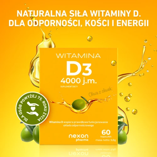Nexon Pharma Witamina D3 4000 j.m., 60 kapsułek - Witamina D3 rozpuszczona w oliwie z oliwek - 3
