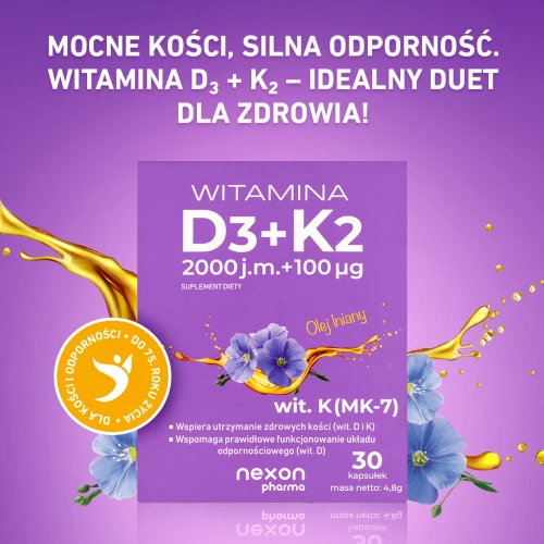 Nexon Pharma Witamina D3 + K2, 30 kapsułek - Wsparcie zdrowia kości i prawidłowego funkcjonowania układu odpornościowego - 3