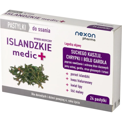 Nexon Pharma Islandzkie medic+, 24 pastylki do ssania  - Naturalne ekstrakty roślinne łagodzą kaszel, chrypkę i ból gardła - 1