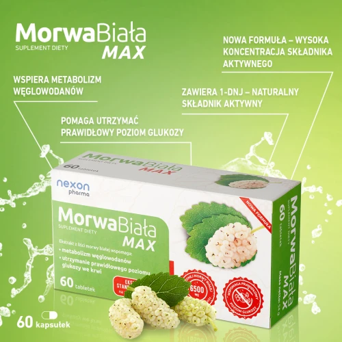 Nexon Pharma Morwa Biała Max, 60 tabletek - Ekstrakt z liści morwy białej wspiera utrzymanie właściwego poziomu glukozy we krwi - 2