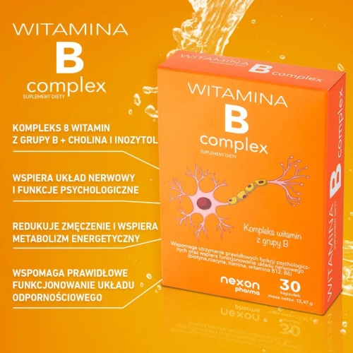 Nexon Pharma Witamina B Complex, 30 kapsułek - 8 witamin z grupy B, cholina i inozytol zmniejszają uczucie zmęczenia i znużenia - 3