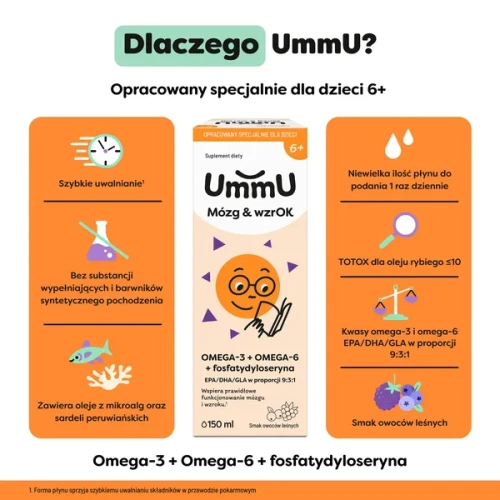 UmmU Mózg & Wzrok 6+, 150 ml - Kwasy omega, które wspierają prawidłowe funkcjonowanie mózgu i wzroku - 3