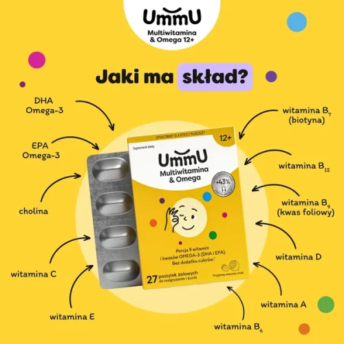 UmmU Multiwitamina & Omega 12+, 27 pastylek żelowych do żucia  - Witaminy i Omega-3 dla dzieci w okresie wytężonego wysiłku fizycznego i psychicznego - 1