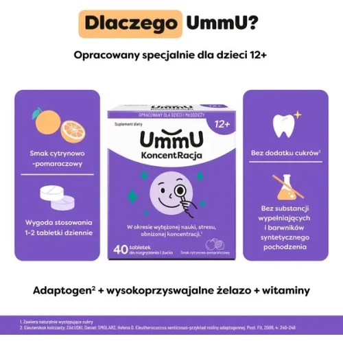 UmmU Koncentracja 12+, 40 tabletek do rozgryzania i żucia - W okresie wytężonej nauki, stresu i obniżonej koncentracji - 2