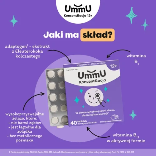 UmmU Koncentracja 12+, 40 tabletek do rozgryzania i żucia - W okresie wytężonej nauki, stresu i obniżonej koncentracji - 4