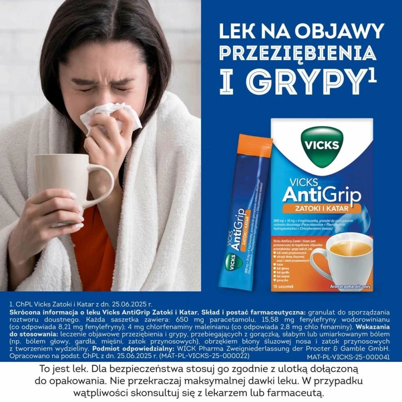 Vicks Antigrip Zatoki i Katar, 10 saszetek - Na przeziębienie i grypę - 1
