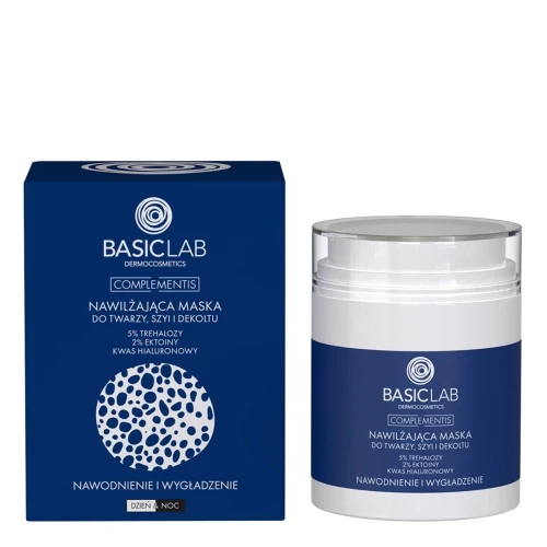 BasicLab Complementis 5% Trehalozy, 2 % Ektoiny, Kwas hialuronowy Nawilżająca maska do twarzy, szyi i dekoltu, 50ml - Intensywna regeneracja i ochrona bariery skóry - 1