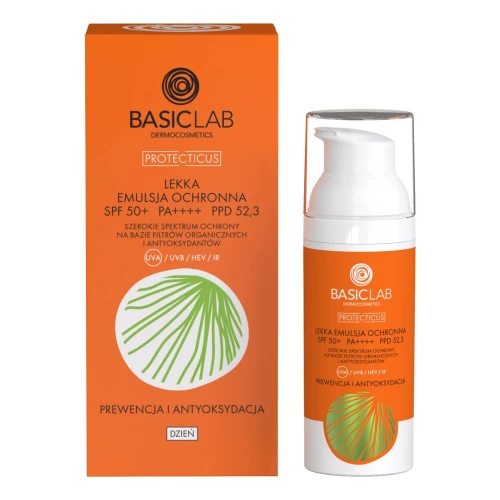 BasicLab Protecticus Lekka emulsja ochronna do twarzy SPF50+ PA ++++ PPD 52,3, 50 ml - Lekka ochrona UV, bez silikonów, do cery tłustej - 1