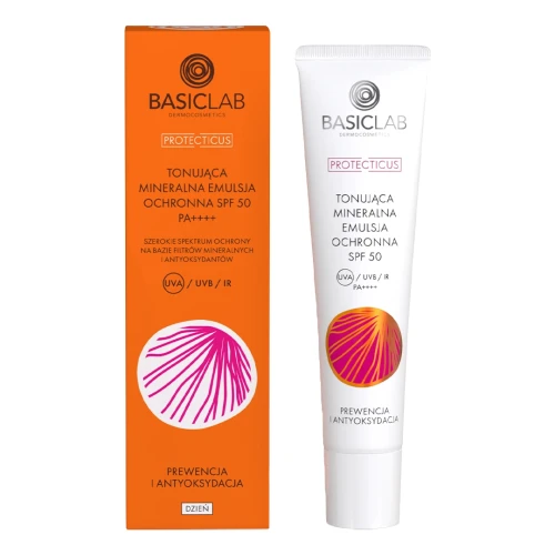 BasicLab Protecticus Tonująca mineralna emulsja ochronna do twarzy SPF50 PA ++++, 40 ml - Mineralna ochrona przeciwsłoneczna z pigmentem - 1