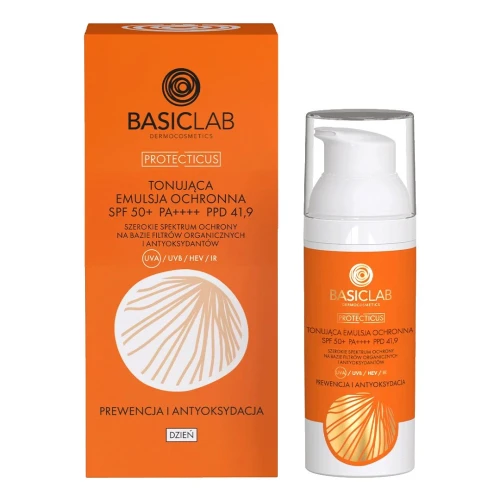 BasicLab Protecticus Tonująca emulsja ochronna do twarzy SPF50+ PA ++++ PPD 41,9, 50 ml - Ochrona i intensywne nawilżenie do każdego typu skóry - 1