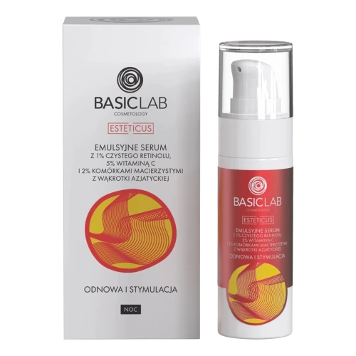 BasicLab Esteticus 1% Retinol, 5% Witamina C, 2% Komórki Macierzyste z Wąkrotki Azjatyckiej Emulsyjne serum do twarzy, 30 ml - Intensywna regeneracja skóry - 1