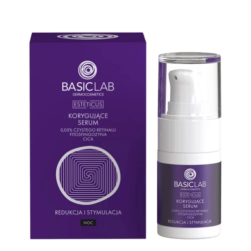 BasicLab Esteticus 0,05% Retinal, Fitosfingozyna, CICA Korygujące serum do twarzy, 15 ml - Na zmarszczki, przebarwienia i niedoskonałości – idealne na początek kuracji retinoidowej - 1