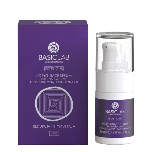 BasicLab Esteticus 0,07% Retinal, Fitosfingozyna, Karnozyna 2.0 Korygujące serum do twarzy, 15 ml - Skutecznie wygładza zmarszczki, redukuje trądzik i rozjaśnia przebarwienia. - 1