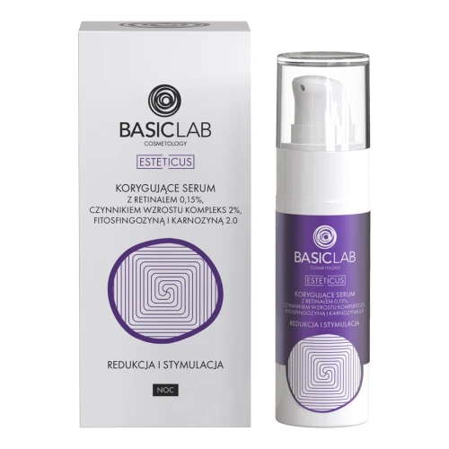 BasicLab Esteticus 0,15% Retinal, Czynniki Wzrostu, 2% Fitosfingozyna, Karnozyna 2.0 Korygujące serum do twarzy, 30 ml - Pielęgnacja cery z niedoskonałościami i utratą jędrności - 1