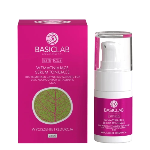 BasicLab Esteticus 10% Kompleksu Czynnika Wzrostu EGF, 0,5% Pochodnych Witaminy K, CICA Wzmacniające serum do twarzy, 15 ml - Koryguje zaczerwienienia i wzmacnia naczynka - 1