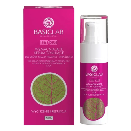 BasicLab Esteticus 10% Kompleksu Czynnika Wzrostu EGF, 0,5% Pochodnych Witaminy K, CICA Wzmacniające serum do twarzy, 30 ml - Wzmacnia naczynka i łagodzi podrażnienia - 1