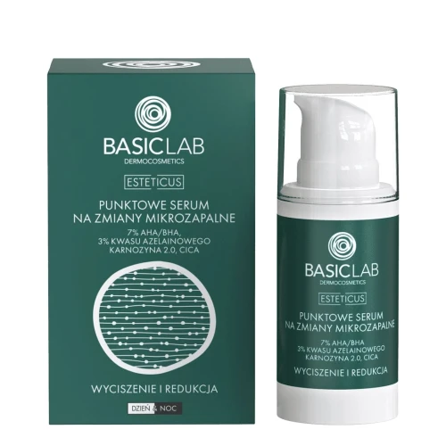 BasicLab Esteticus 7% AHA/BHA, 3% Kwas Azelainowy Punktowe serum na zmiany mikrozapalne, 15 ml - Na trądzik, niedoskonałości i przebarwienia pozapalne - 1