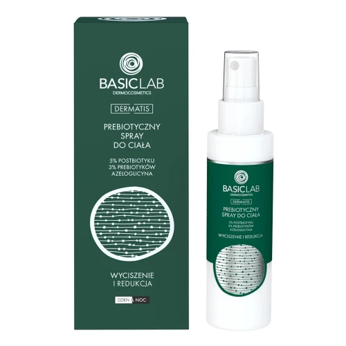 BasicLab Dermatis 5% Postbiotyk, 5% Prebiotyki, Azeloglicyna Prebiotyczny spray do ciała, 100 ml - Przywraca równowagę mikrobiomu  - 1