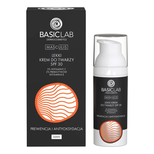 BasicLab Masculis 3% Witamina C, 2% Prebiotyki, Witamina E Lekki krem do twarzy SPF30, 50 ml - Formuła z witaminą C i prebiotykami dla skóry wrażliwej i mieszanej - 1