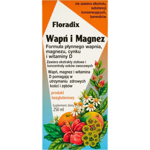 Floradix Wapń i Magnez, płyn 250 ml - W stanach zwiększonego zapotrzebowania na wapń, magnez, cynk i witaminę D - 1
