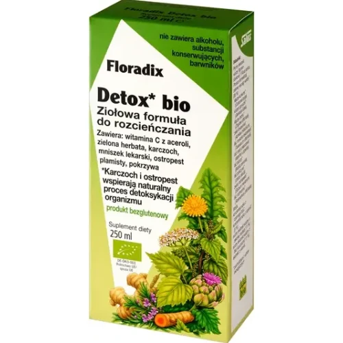 Floradix Detox Bio, płyn 250 ml - Ziołowy tonik do picia z wyciągiem z karczocha, ostropestu i brzozy - 1