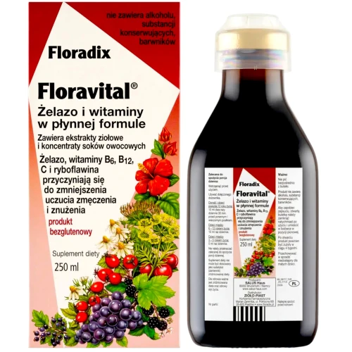 Floradix Floravital, płyn 250 ml - Bezglutenowy tonik do picia dla kobiet z niskim poziomem żelaza - 1