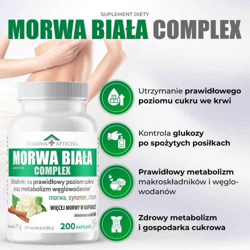 Domowa Apteczka Morwa Biała Complex, 200 kapsułek - Wsparcie utrzymania prawidłowego poziomu cukru we krwi - 1
