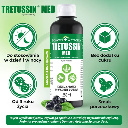 Tretussin Med smak czarna porzeczka, syrop 250 ml - Z porostem islandzkim na suchy kaszel i podrażnione gardło - 4