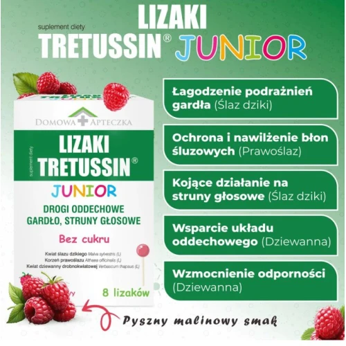 Domowa Apteczka Tretussin Junior bez cukru, smak malinowy,  8 lizaków -  Ekstrakty roślinne łagodzą ból gardła i chrypkę - 1