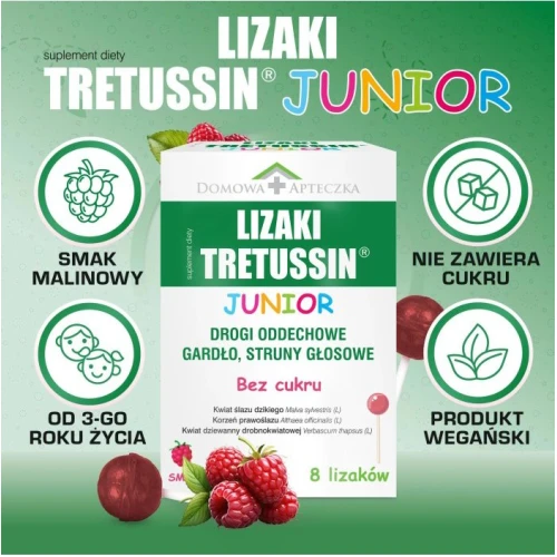 Domowa Apteczka Tretussin Junior bez cukru, smak malinowy,  8 lizaków -  Ekstrakty roślinne łagodzą ból gardła i chrypkę - 2