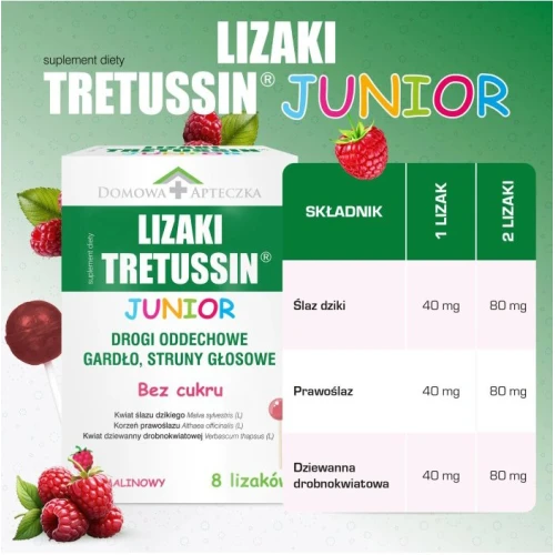 Domowa Apteczka Tretussin Junior bez cukru, smak malinowy,  8 lizaków -  Ekstrakty roślinne łagodzą ból gardła i chrypkę - 3