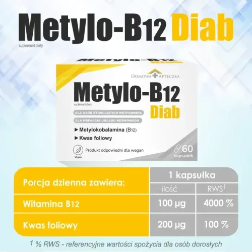 Domowa Apteczka Metylo-B12 Diab, 60 kapsułek - Z witaminą B12 i kwasem foliowym - 2