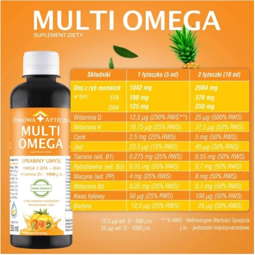 Domowa Apteczka  Multi Omega, smak tropikalny, płyn 250 ml - Omega-3 i witaminy bez posmaku ryby - 4