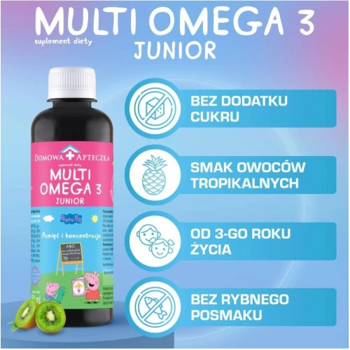 Domowa Apteczka Multi Omega 3 Junior Peppa Pig, smak tropikalny, płyn 250 ml - Omega 3 i witaminy bez smaku i zapachu ryby - 3