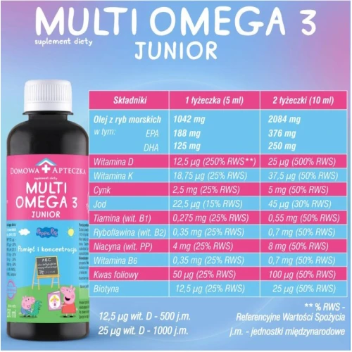 Domowa Apteczka Multi Omega 3 Junior Peppa Pig, smak tropikalny, płyn 250 ml - Omega 3 i witaminy bez smaku i zapachu ryby - 6