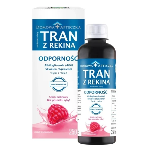 Tran z rekina o smaku malinowym - Nowa Formuła, 250 ml - Emulsja z alkiloglicerolami, cynkiem i selenem, bez posmaku ryby - 1