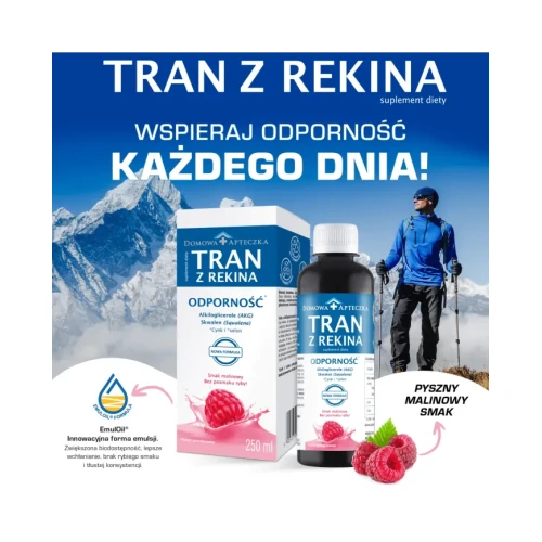 Tran z rekina o smaku malinowym - Nowa Formuła, 250 ml - Emulsja z alkiloglicerolami, cynkiem i selenem, bez posmaku ryby - 2