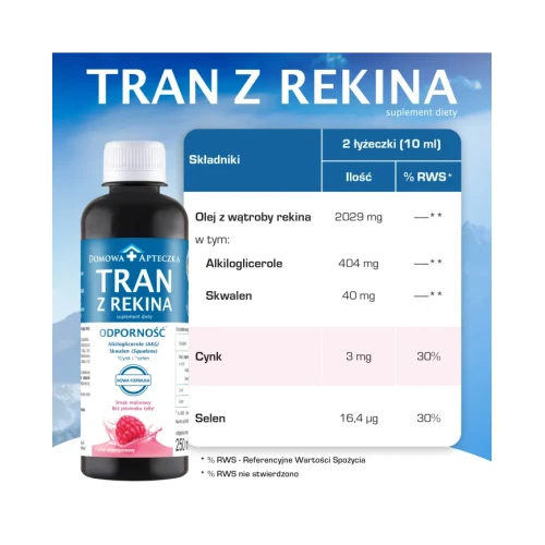 Tran z rekina o smaku malinowym - Nowa Formuła, 250 ml - Emulsja z alkiloglicerolami, cynkiem i selenem, bez posmaku ryby - 3