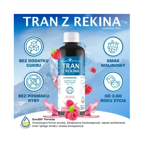 Tran z rekina o smaku malinowym - Nowa Formuła, 330 ml - Składniki wspierające prawidłowe funkcjonowanie organizmu - 2