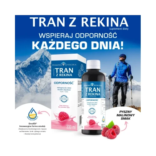 Tran z rekina o smaku malinowym - Nowa Formuła, 330 ml - Składniki wspierające prawidłowe funkcjonowanie organizmu - 3