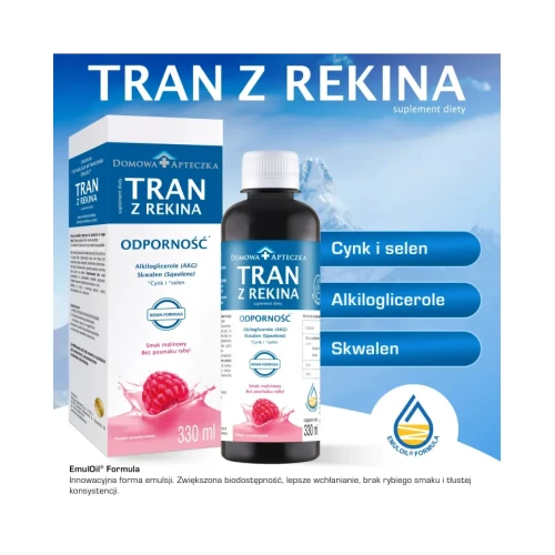 Tran z rekina o smaku malinowym - Nowa Formuła, 330 ml - Składniki wspierające prawidłowe funkcjonowanie organizmu - 4