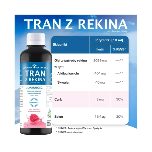 Tran z rekina o smaku malinowym - Nowa Formuła, 330 ml - Składniki wspierające prawidłowe funkcjonowanie organizmu - 5