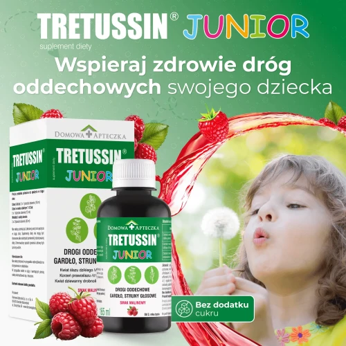 Tretussin Junior, smak malinowy, syrop 165 ml - Z prawoślazem, ślazem i dziewanną na gardło - 2