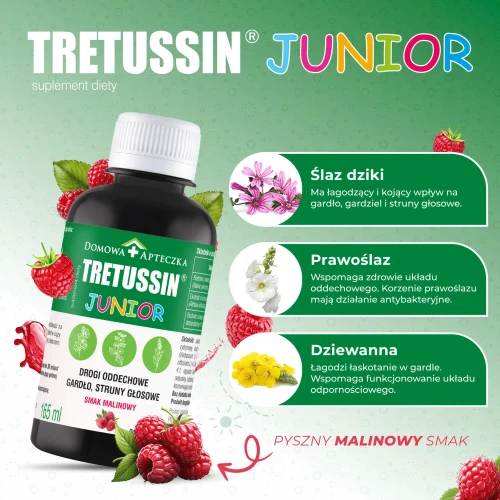 Tretussin Junior, smak malinowy, syrop 165 ml - Z prawoślazem, ślazem i dziewanną na gardło - 3