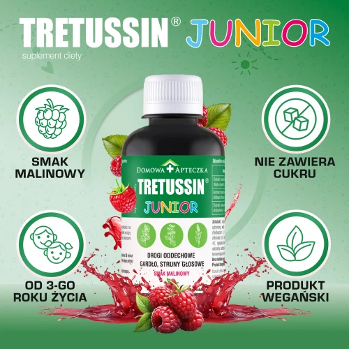 Tretussin Junior, smak malinowy, syrop 165 ml - Z prawoślazem, ślazem i dziewanną na gardło - 4