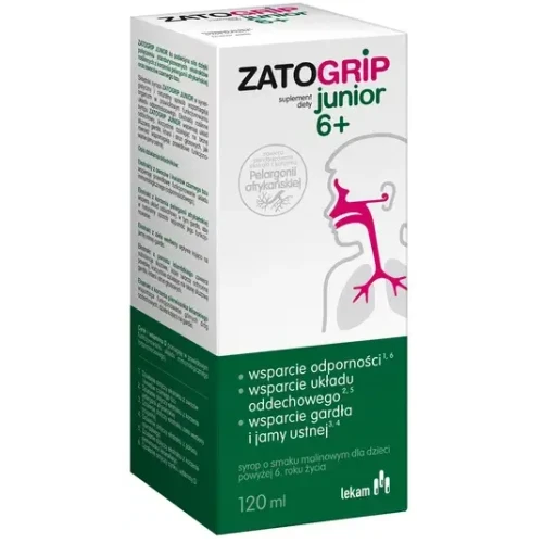 Zatogrip Junior 6+ smak malinowy,  płyn 120 ml - Ekstrakty z pelargonii i czarnego bzu, wspierają odporność u dzieci od 6. roku życia - 1