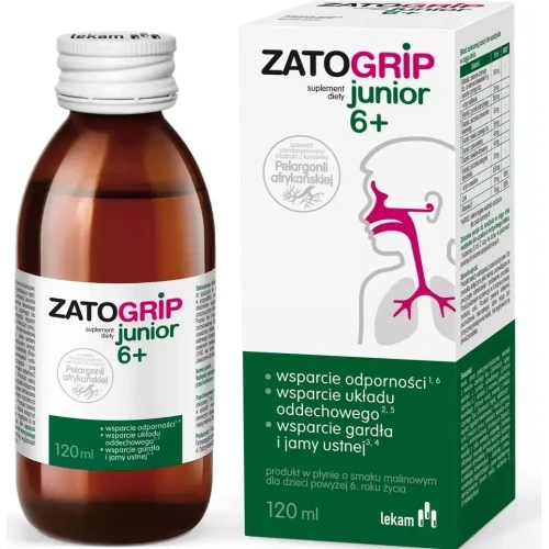 Zatogrip Junior 6+ smak malinowy,  płyn 120 ml - Ekstrakty z pelargonii i czarnego bzu, wspierają odporność u dzieci od 6. roku życia - 2