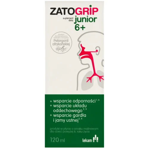 Zatogrip Junior 6+ smak malinowy,  płyn 120 ml - Ekstrakty z pelargonii i czarnego bzu, wspierają odporność u dzieci od 6. roku życia - 3