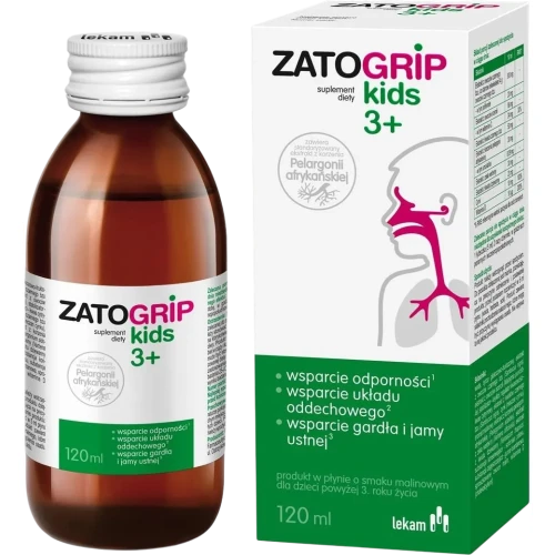 Zatogrip Kids 3+ smak malinowy, płyn 120 ml - Ekstrakty roślinne wspomagają prawidłowe funkcjonowaniu układu odpornościowego - 1